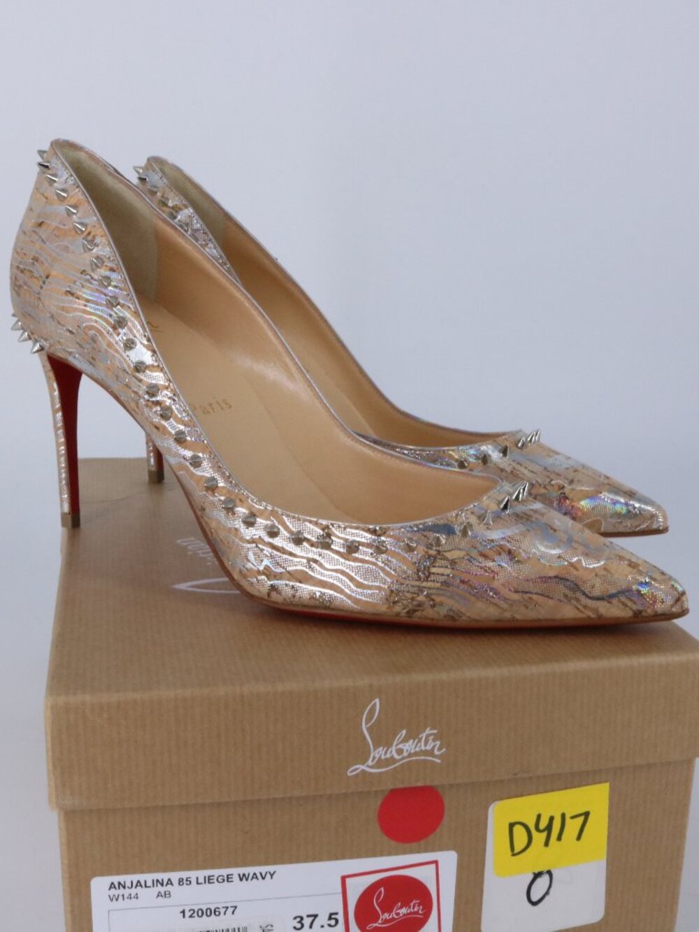 Louboutin 37.5 anjalina 85mm Leige Wavy AB iridescent cork Heels D417